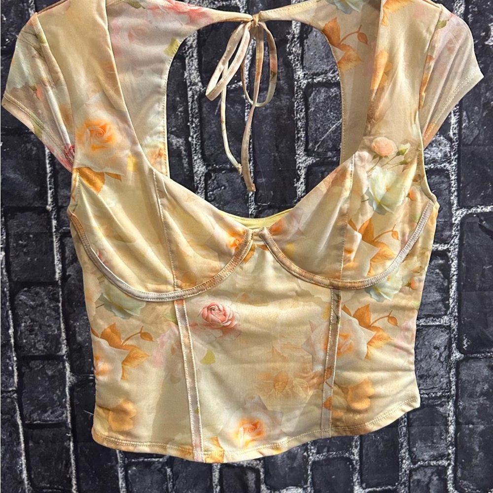 Madden Girl Gold and Orange Crop Blouse with Tie Front